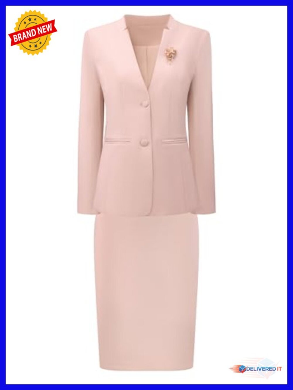 2 Piece Skirt Suit Set Blazer and Pencil Skirt with Brooch Pin Business Work